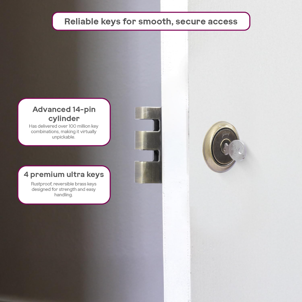 Godrej Rim Lock | Vertibolt Ultra Lock For Wooden Main Door | 2C Deadbolt | 14 Pin Cylinder | For Inside Opening or Double Dooror Sliding Door | 4 Keys | 5 Yr Warranty | Manual Locking | Antique Brass